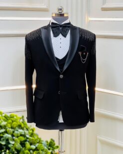 Royal Black Designer Wedding Tuxedo suit with sequence work Bespoke - DN-1259