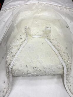 White Hand beaded Designer Wedding Unstitch Suit - DN-1057