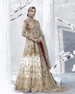 Traditional White Designer Pakistani Walima Peplum with lehenga and Golden Embroidery - DN-1337