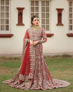 Designer Red Indian Bridal Long Trail Lehenga Choli with Golden Embroidery - DN-1540