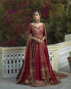 Red Designer Pakistani Wedding and Reception long Split Jacket with lehenga and Embroidery Bespoke - DN-1170