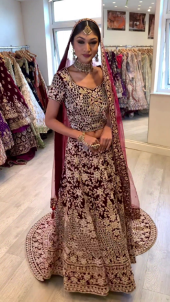 Maroon Designer Indian and Pakistani Bridal Long Trail Lehenga Choli with Golden Embroidery - DN-1411