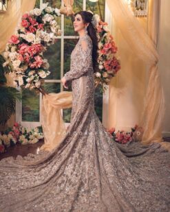 Bridal Golden Long Trail Gown with Embroidery