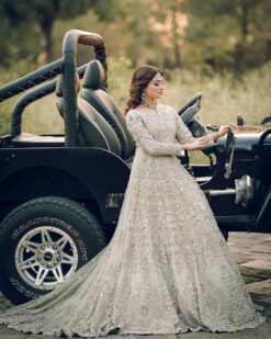 Bridal Light Pale Green Long Trail Gown with Embroidery - DN-2013