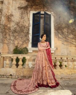 Peach wedding long trail bridal gown with golden embroidery - DN-1909