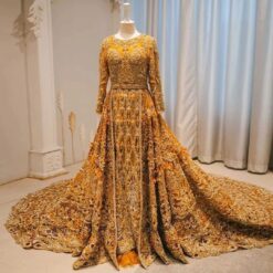 Golden Traditional Bridal long Trail Anarkali with lehenga and Embroidery Bespoke - DN-1173