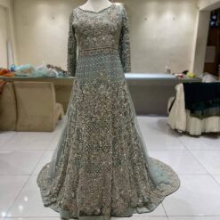 Designer Ice Blue Walima Gown with Golden Embroidery - DN-1662