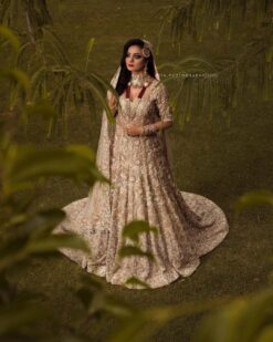 Pakistani Golden Embroidered Long Trail Bridal Gown - DN-1663