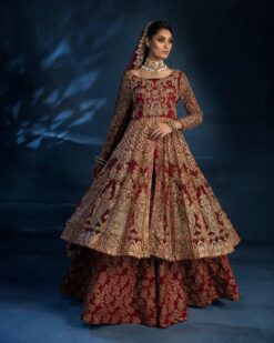 Maroon Designer Wedding Split Anarkali with lehenga and Embellishment - DN-1406