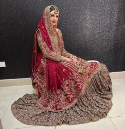 Rani Pink Designer Pakistani Bridal Embroidered kurti with Frill lehenga  and Embellishment - DN-1408