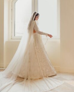 White Designer Indian wedding lehenga  with Embroidered Crop top and long Veil bespoke made to order - DN-1302