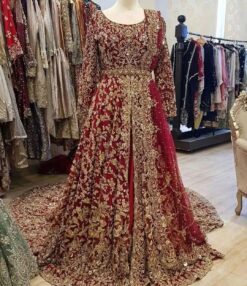 RED AND GODLEN ANARKALI LEHENGA WITH GOLDEN HAND MADE WORK - DN-2008