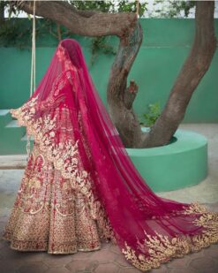 Wedding Rani Pink Bridal Gown with Golden Embroidery- DN-1988