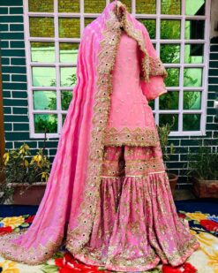 Wedding Pink Bridal Sharara with Golden Embroidery -DN-2005