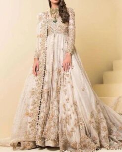 Pakistani Designer White Walima Long Trail Gown with Golden Embroidery - DN-1570