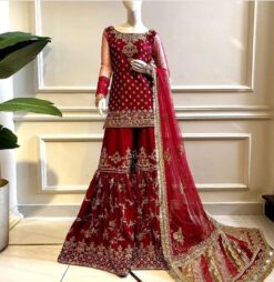 Red Bridal Sharara with Golden Embroidery - DN-2002