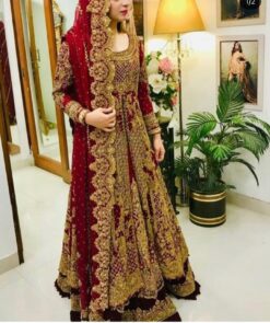 Wedding Red Anarkali Lehenga with Golden Embroidery Handwork - DN-2000
