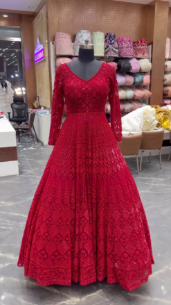 Red Designer Reception and Wedding Gown with Embroidery - DN-1428
