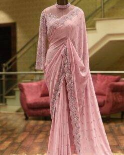 Pink Designer Partywear and Wedding Saree with Embroidery Bespoke made to order - DN-1235