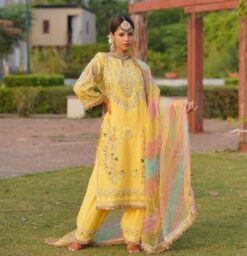 Yellow Designer Partywear Salwar Kameez with embroidery Bespoke made to order - DN-1215