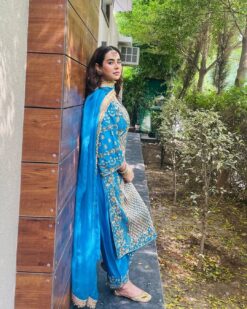 Designer Blue Partywear Salwar Kameez with Golden Embroidery Bespoke - DN-1220