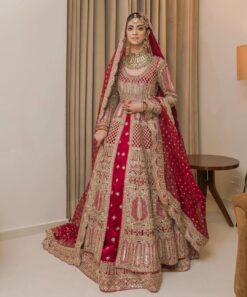 Designer Red Pakistani Bridal Lehenga with Split Anarkali and Embellishment - DN-1386