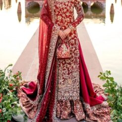 Red Designer Pakistani walima long Trail lehenga with kurti and Embellishment - DN-1392