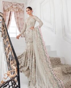 Ivory Designer Pakistani Waleema Long Trail Lehenga with Embroidered Top - DN-1536