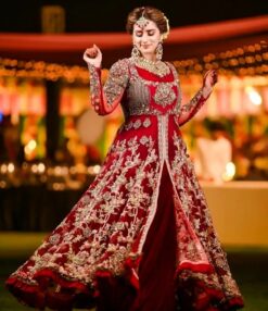 Red Bridal Long Anarkali with Golden Embroidery- DN-1984