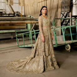 Designer Pakistani Golden Embroidered Bridal Lehenga with Split Long Anarkali - DN-1577