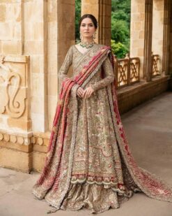 Ivory Designer Pakistani Long Trail Lehenga with Embroidered Split Jacket - DN-1569