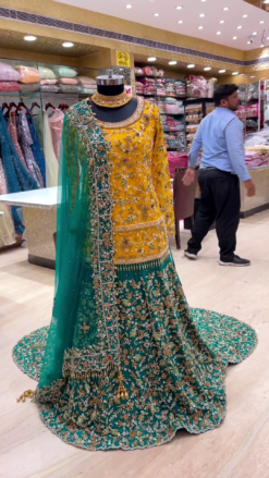 Designer Wedding Green Long Trail Lehenga with Yellow short Kurti and Embellishment - DN-1426