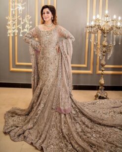 Wedding Long Stunning Walima Bridal Gown With Golden Embroidery- DN-1980