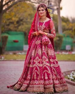 Rani Pink Long Wedding Gown with Golden Embroidery-DN-1982