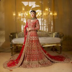Red Pakistani Waleema Red Bridal Split Anarkali with Lehenga and Embellishment - DN-1527