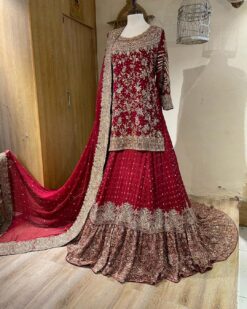 Red Peplum Bridal Lehenga with Golden Zardosi Embroidery - DN-1975