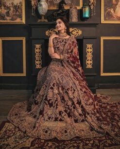 Maroon Velvet Bridal Lehenga with Golden Embroidery- DN-1970