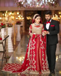 Red Long Trail Wedding Lehenga with Embroidery Anarkali - DN-1647