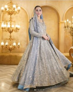 Powder Blue Luxury Bridal Gown | Hand Embroidered Pakistani Wedding Dress - DN-1021