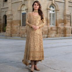 Golden Designer Partywear Embroidered kameez with Pant Palazzo Bespoke - DN-1155
