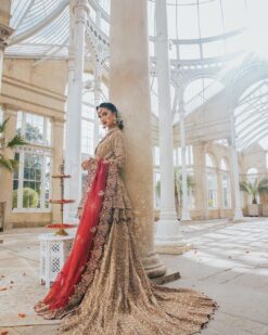 Beige Designer Wedding Waleema Long Trail Lehenga with Peplum - DN-1522