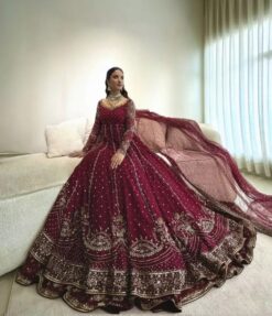 Maroon Pakistani Bridal Lehenga with Heavy Zardosi Handwork | Royal Wedding Reception Maxi Dress DN - 3012