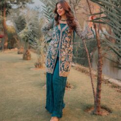 Designer Blue Partywear Embroidered Jacket with Sharara Bespoke - DN-1204