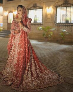 Wedding Red Bridal Trail Gown with Heavy Golden Hand Embroidery - DN-1960