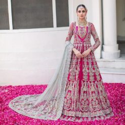 Pink Designer Pakistani Wedding and Reception long split Jacket with lehenga and Embroidery Bespoke - DN-1156