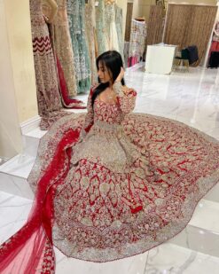 Wedding Red Embroidered Peplum with Long Trial Lehenga - DN-1638