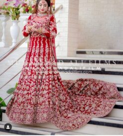 Pakistani Red Designer Wedding Long Trail Gown with Hand Embellishment - DN-1604
