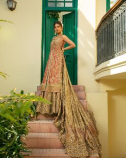 Wedding Red Split Long Kameez With Long Trail Lehenga and Embellishment - DN-1959