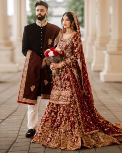 Wedding Red Long Kameez with Long Trail Lehenga with Embellishment - DN-1961