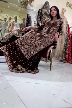 Designer Partywear Maroon Sharara with Long Kurti and Embellishment - DN-1416